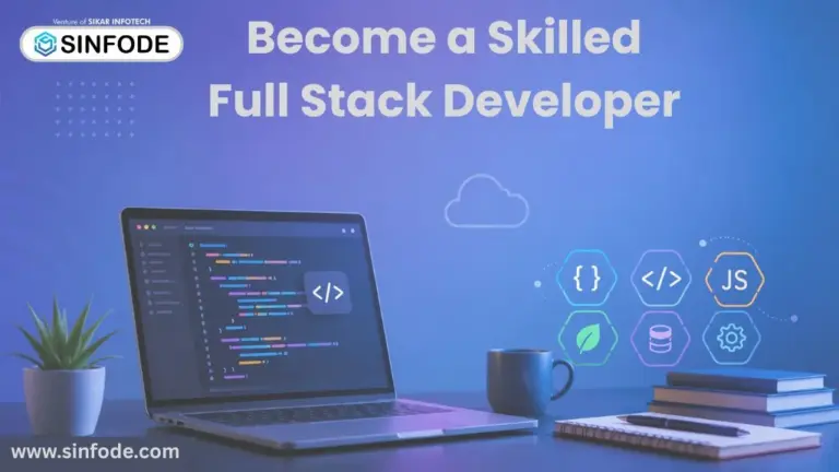 Modern Full Stack Development workspace banner featuring coding laptop, frontend and backend technologies, programming icons, and professional IT training concept.