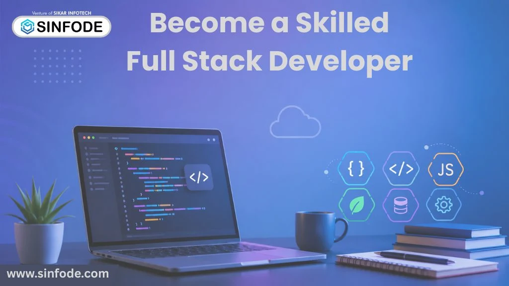 Modern Full Stack Development workspace banner featuring coding laptop, frontend and backend technologies, programming icons, and professional IT training concept.