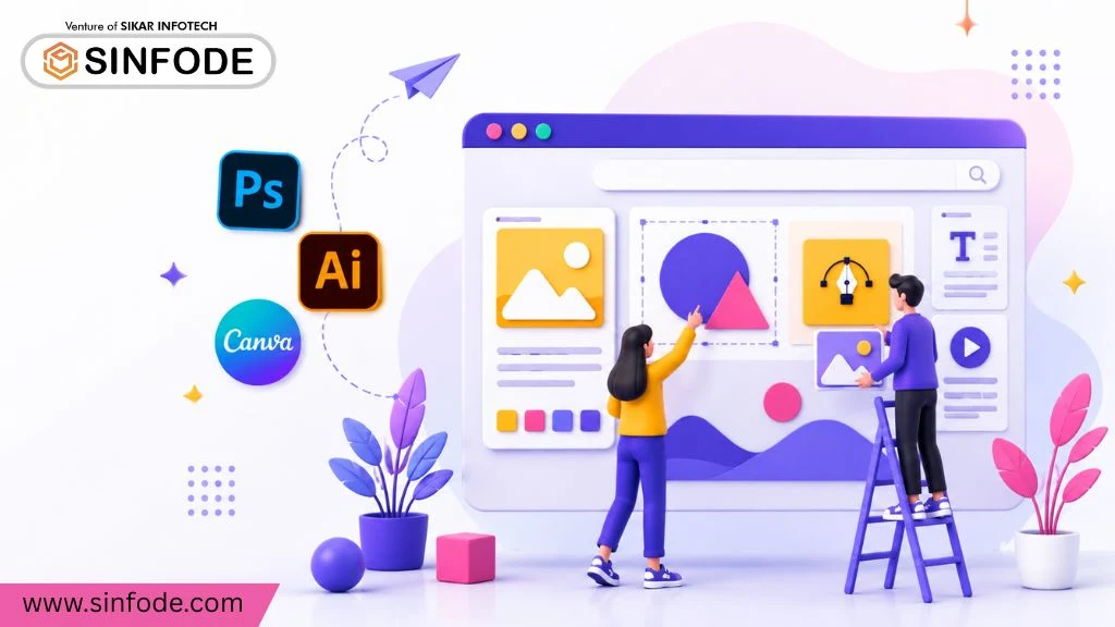 Creative graphic design workspace with Adobe Photoshop, Illustrator, and Canva icons for beginner design learning and digital creativity training