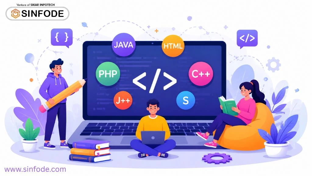 Modern coding institute illustration with students learning programming, web development, and technical skills on laptop screens