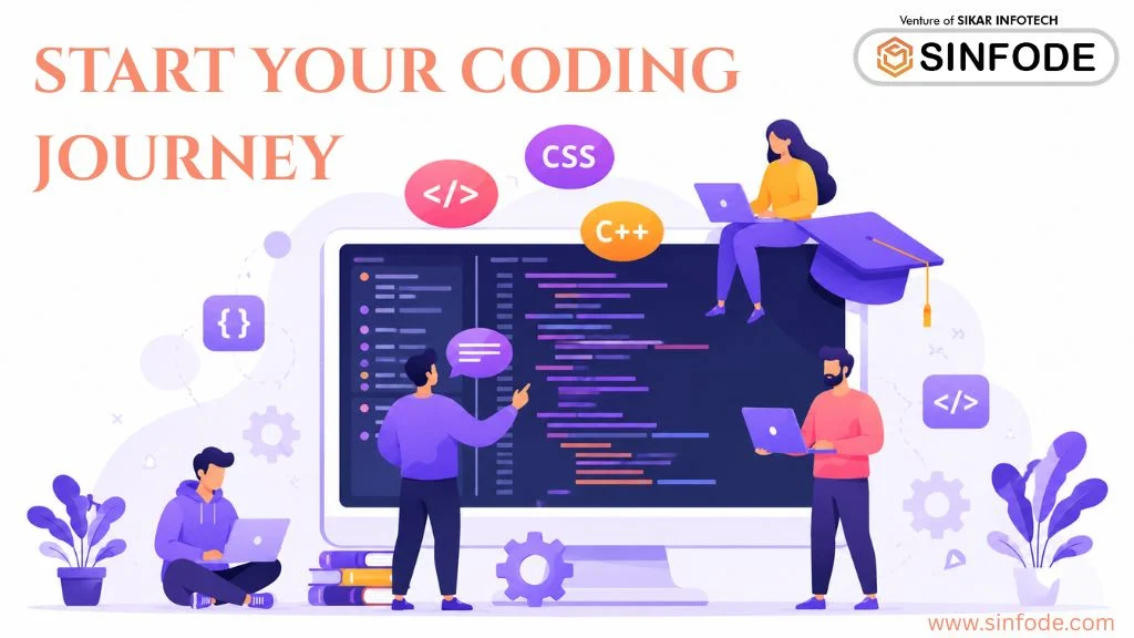 Modern coding institute illustration with students learning programming, web development, and technical skills on laptop screens
