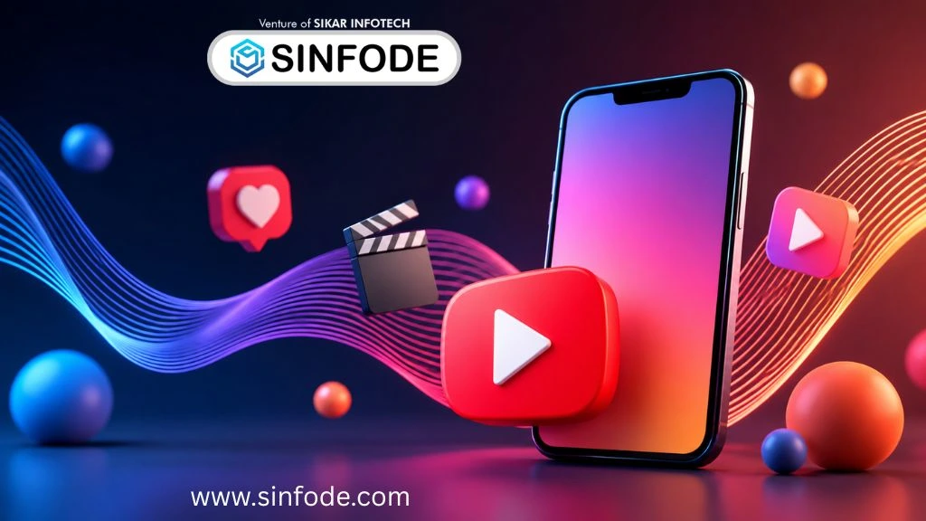 Modern YouTube Shorts and social media marketing concept with smartphone, video play icons, and digital content creation elements for online growth and engagement